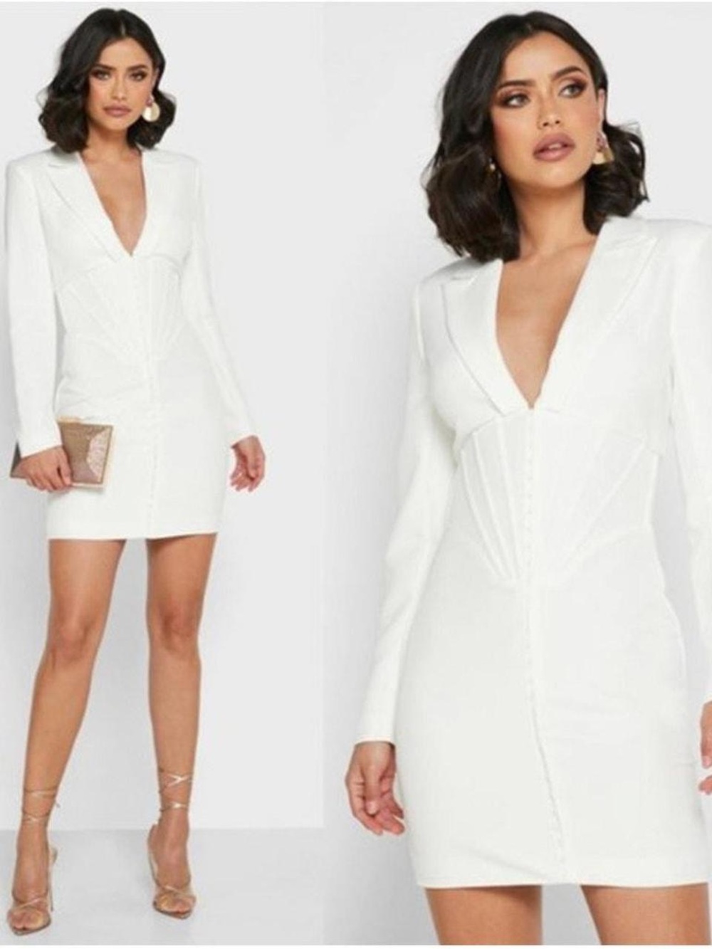 Lavish Alice White Long-Sleeve V-Neck Tailored Bodycon Dress